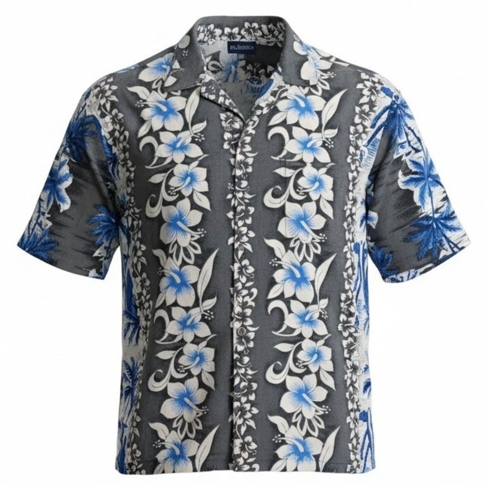 PURITAN Mens XL Hawaiian Shirt Blue Gray Floral Palm Tree Rayon Button Up XL
